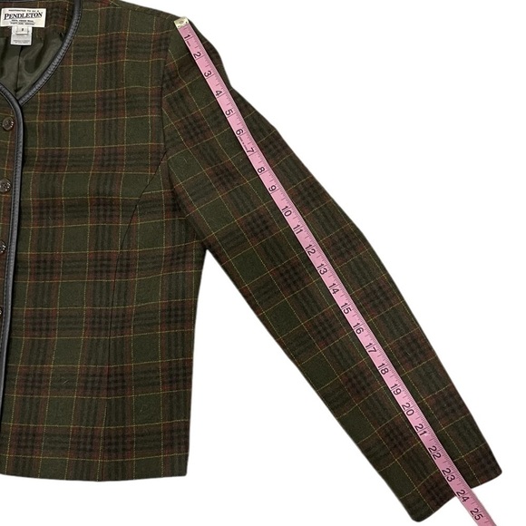 Vintage Pendleton Wool Plaid Leather Trim Jacket Blazer Size 8 Olive/Brown - Picture 8 of 12